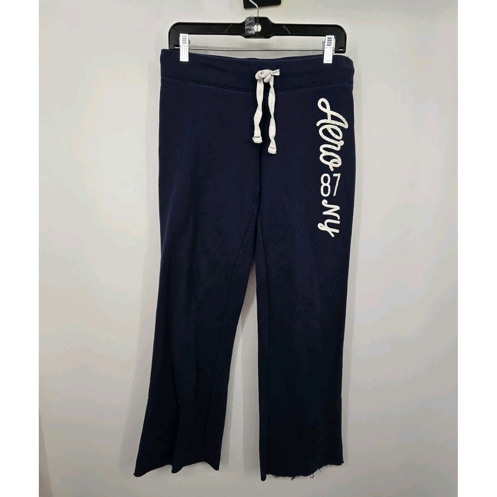 Aeropostale Wide Leg Flare Sweatpants Womens M Blue Raw Hem Mid Rise Y2K Preppy